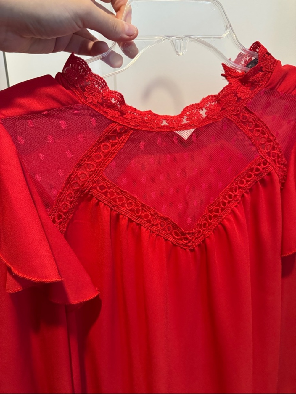 Red Front Lace Ruffle Long-Sleeve Women's Office Work Top - Picture 3 of 6